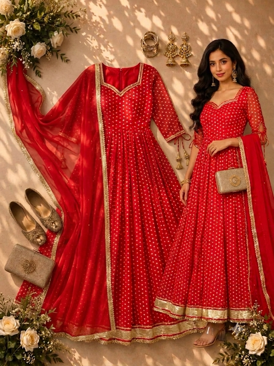 Bandhej Print Faux Georgette Gown with Dupatta & Bottom Set
