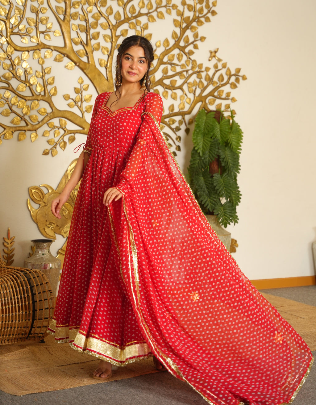 Bandhej Print Faux Georgette Gown with Dupatta & Bottom Set