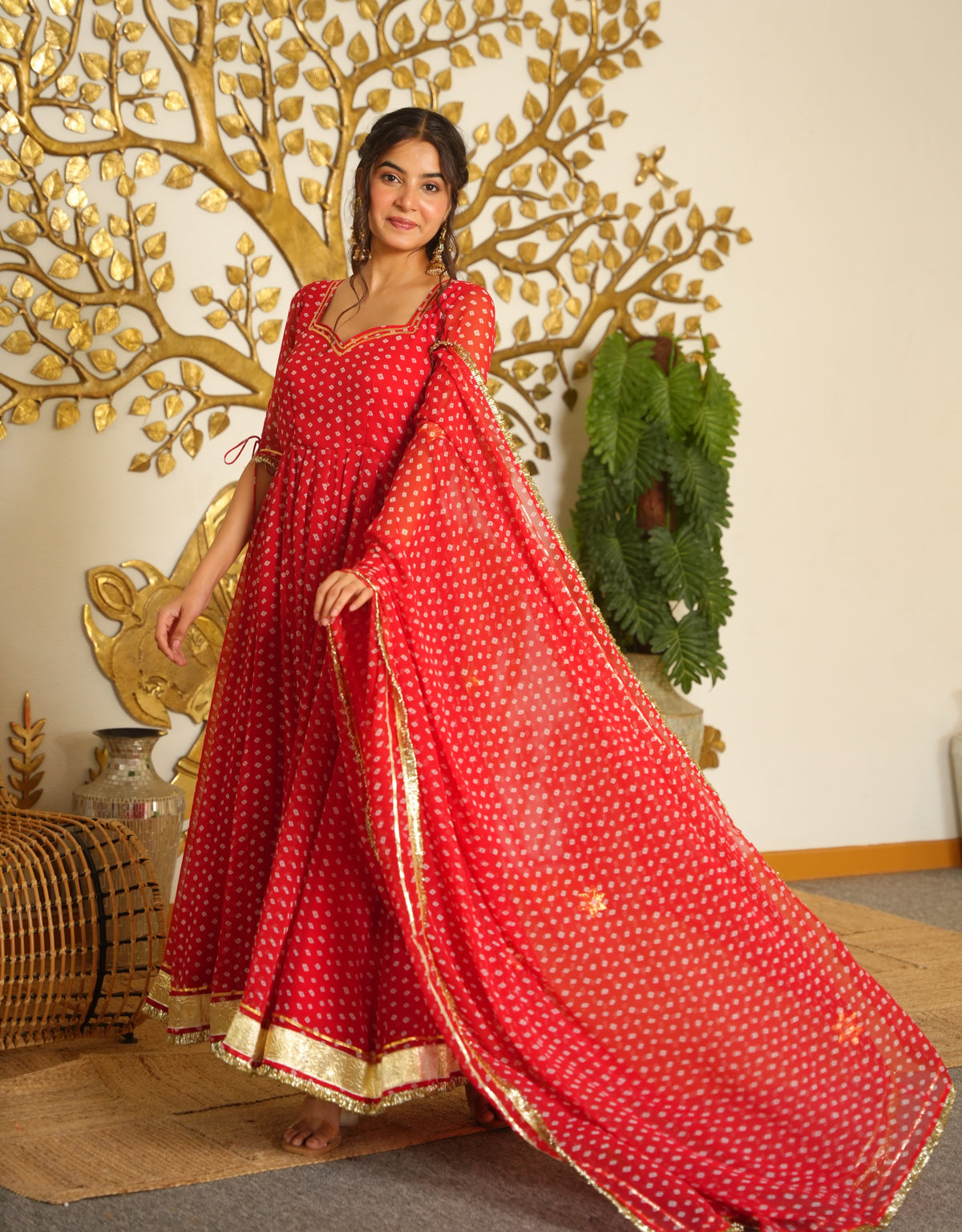 Bandhej Print Faux Georgette Gown with Dupatta & Bottom Set