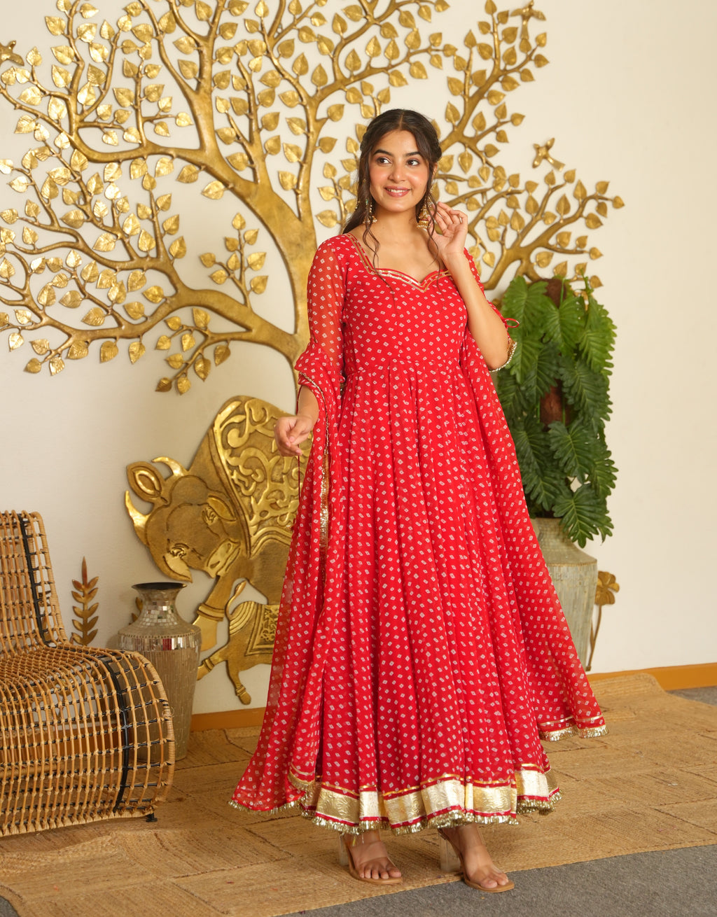 Bandhej Print Faux Georgette Gown with Dupatta & Bottom Set