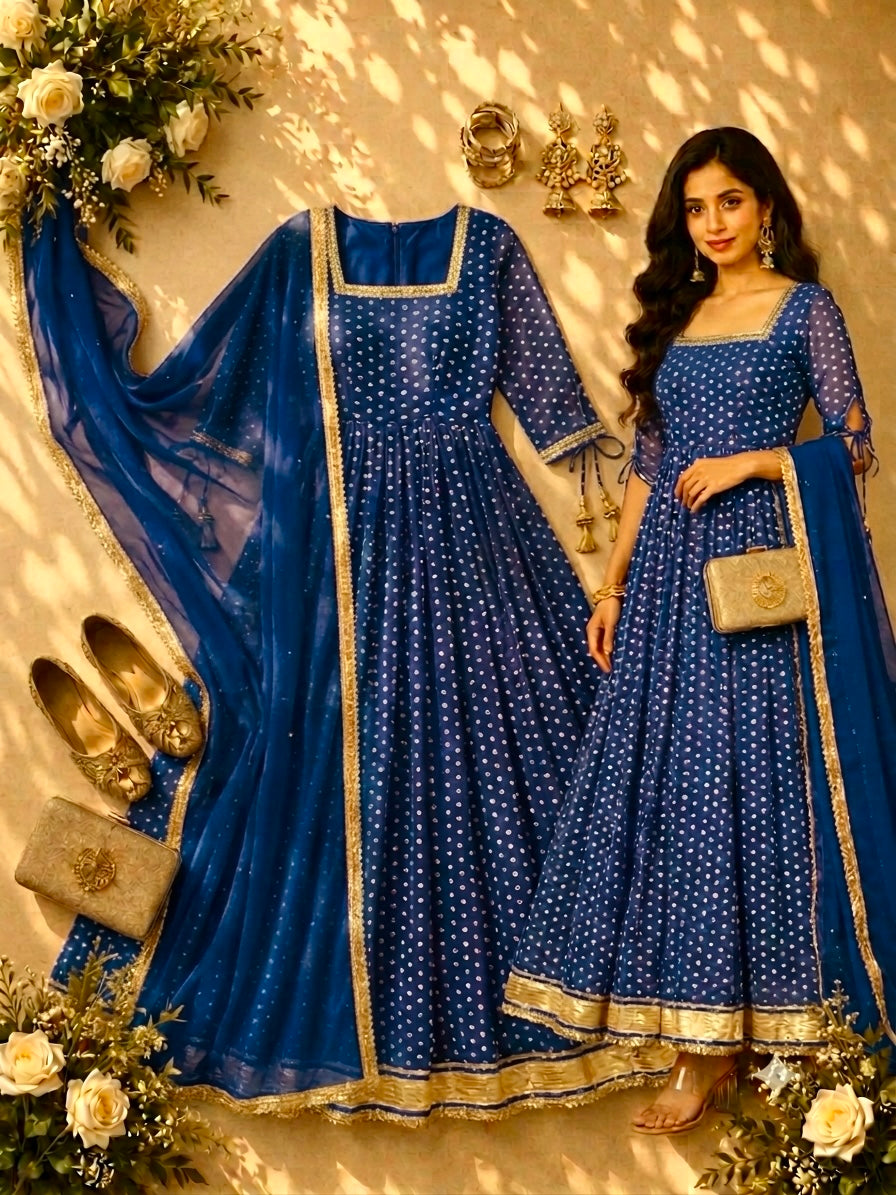 Bandhej Print Faux Georgette Gown with Dupatta & Bottom Set