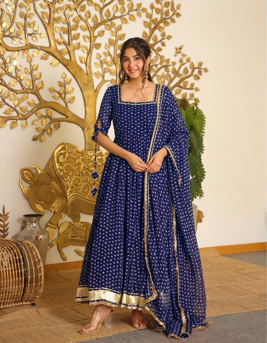 Bandhej Print Faux Georgette Gown with Dupatta & Bottom Set