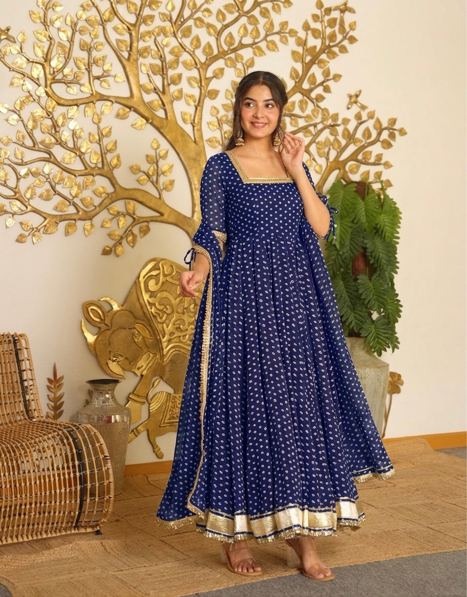 Bandhej Print Faux Georgette Gown with Dupatta & Bottom Set
