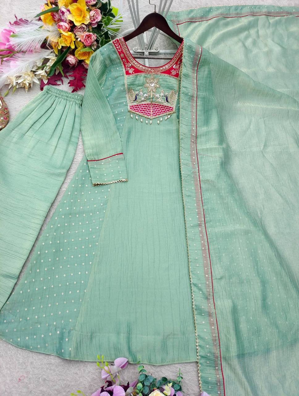 Embroidered Salsa Silk A-Line Gown Set with Pant & Dupatta