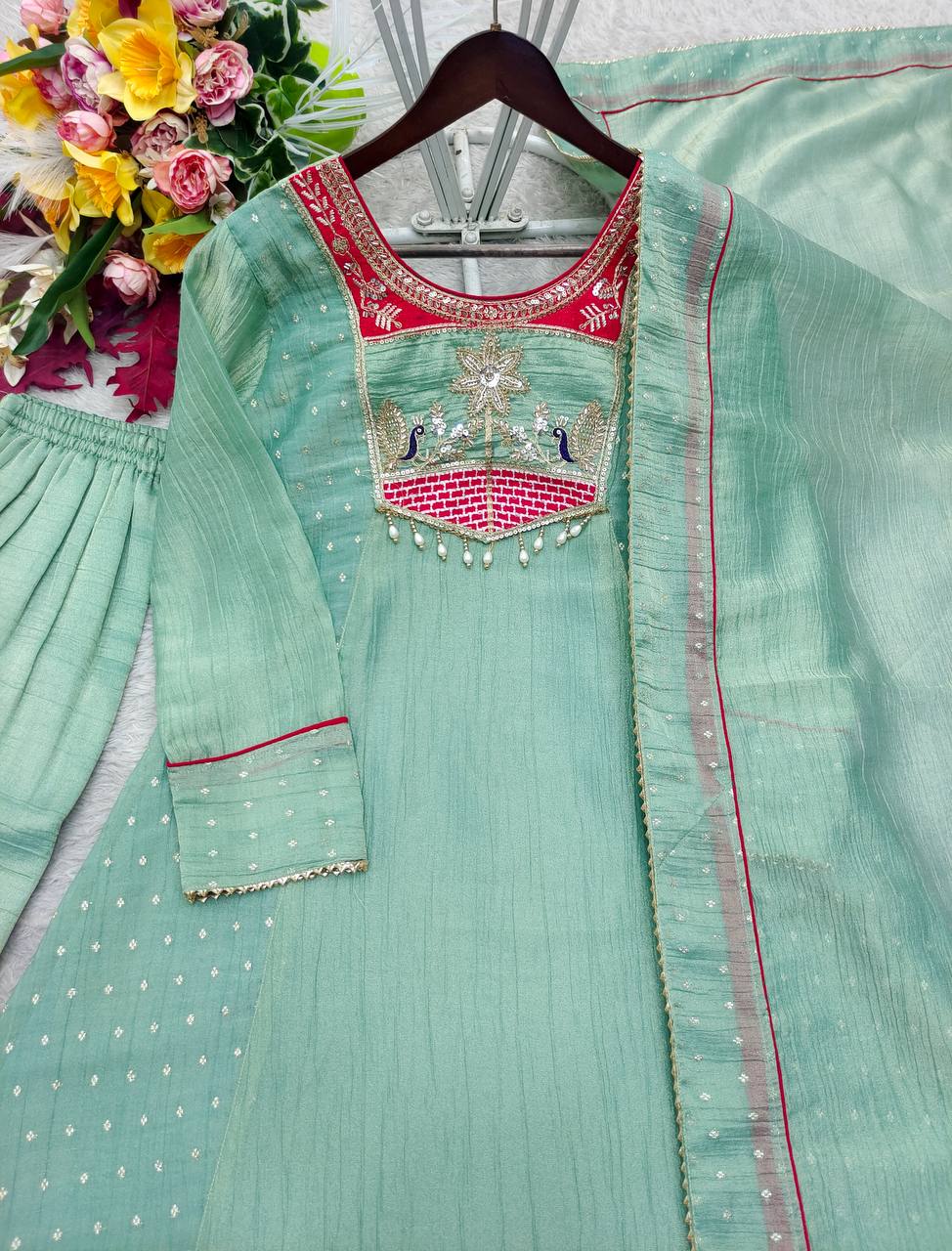 Embroidered Salsa Silk A-Line Gown Set with Pant & Dupatta