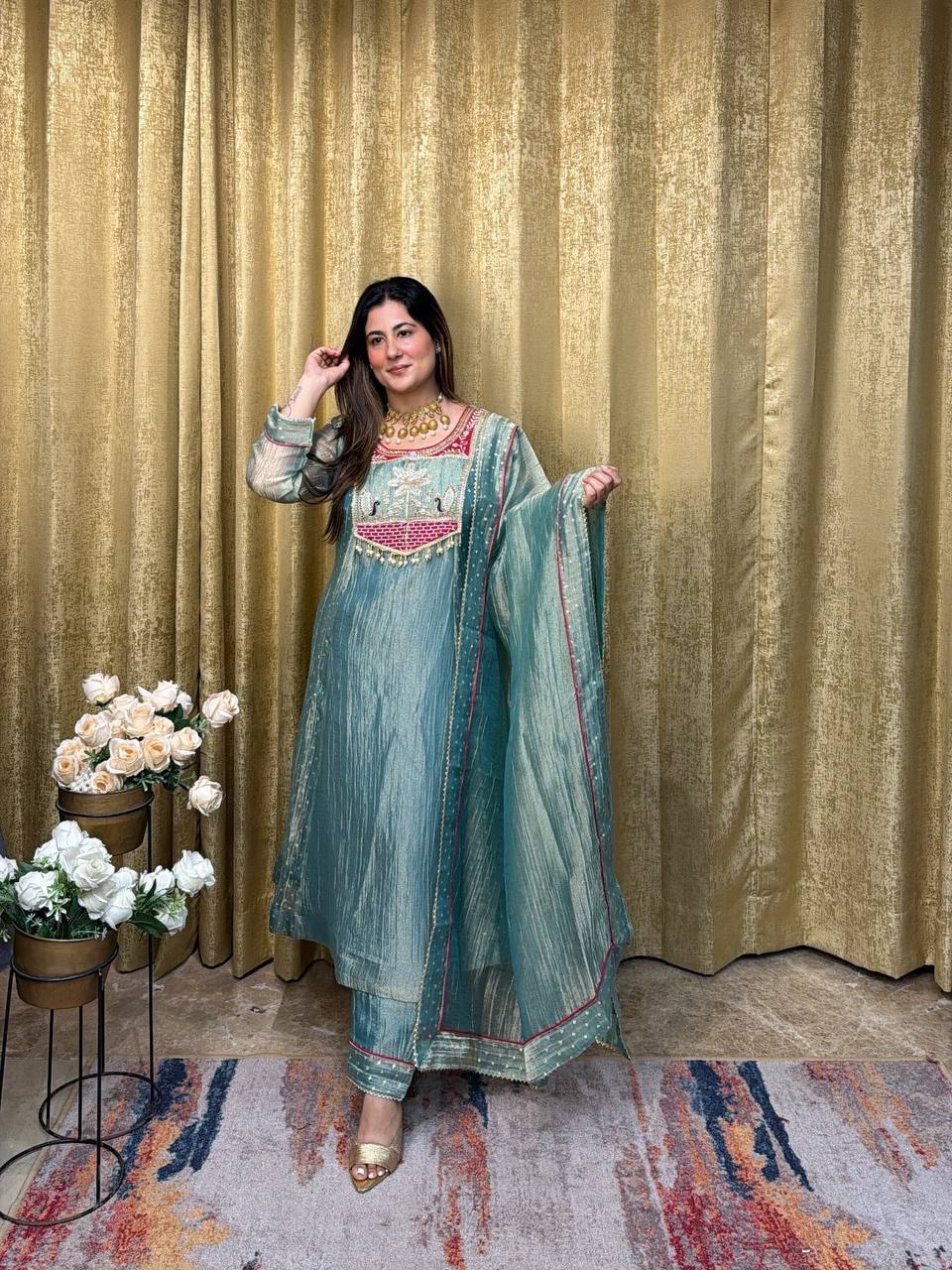 Embroidered Salsa Silk A-Line Gown Set with Pant & Dupatta