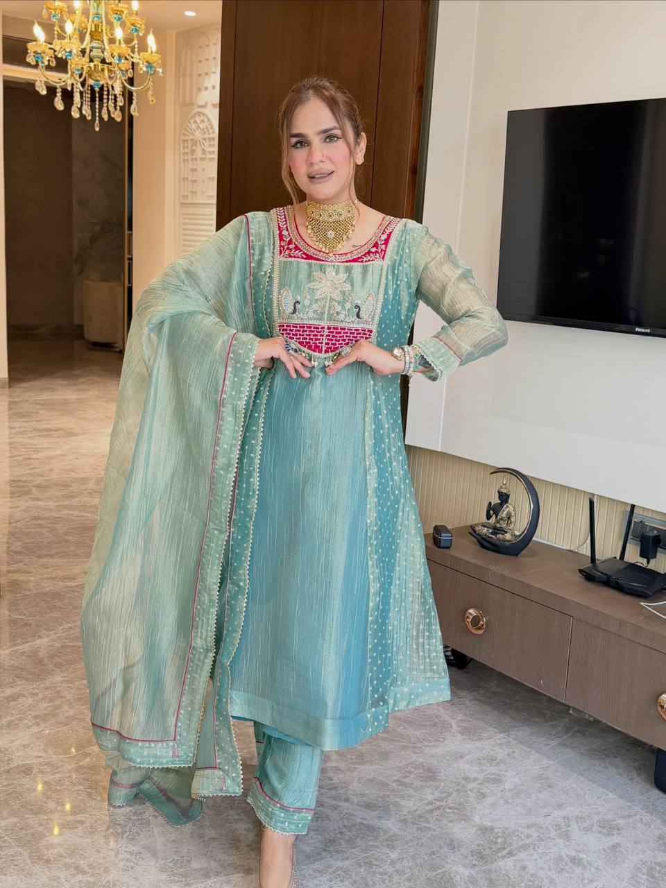 Embroidered Salsa Silk A-Line Gown Set with Pant & Dupatta
