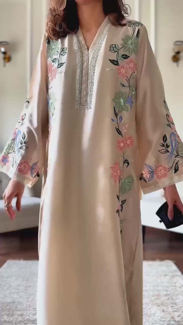 Embroidered Roman Glass Oversized Kaftan Set with Bottom & Dupatta