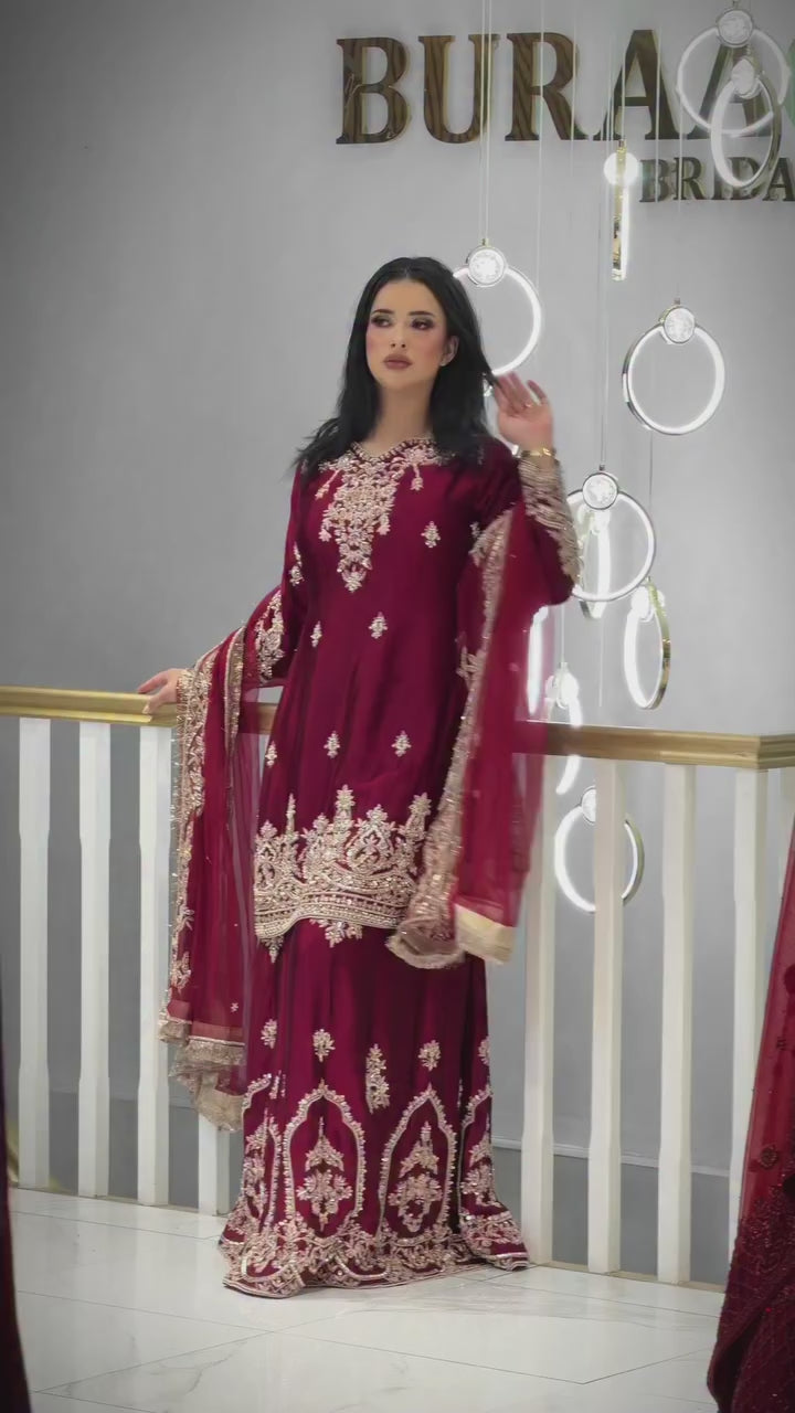 Wine Red Glass Satin Embroidered Kurta with Palazzo & Organza Dupatta – Party Wear Set
