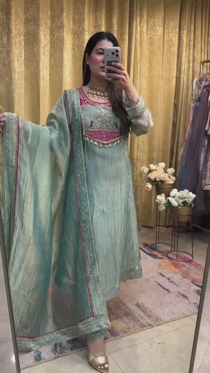 Embroidered Salsa Silk A-Line Gown Set with Pant & Dupatta