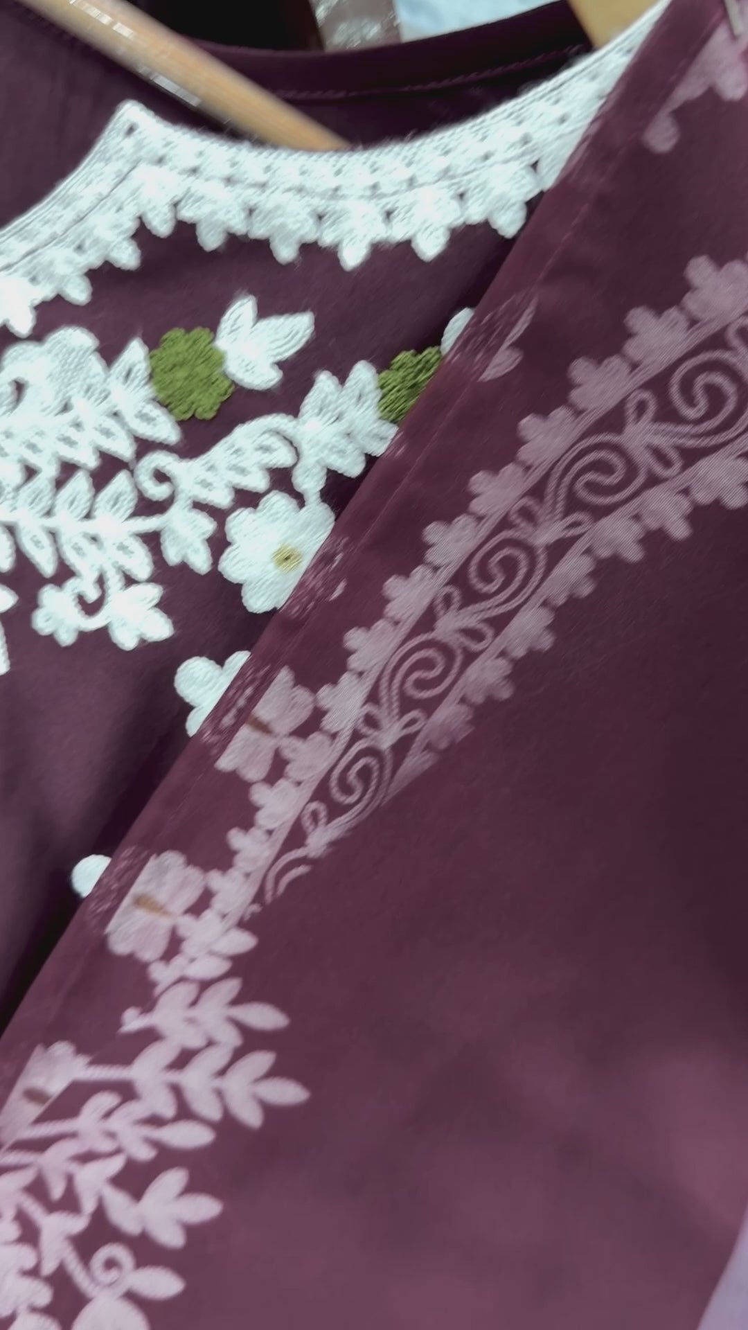 Plum Satin Rayon Embroidered Long Kaftan Kurta with Pant & Organza Dupatta Set