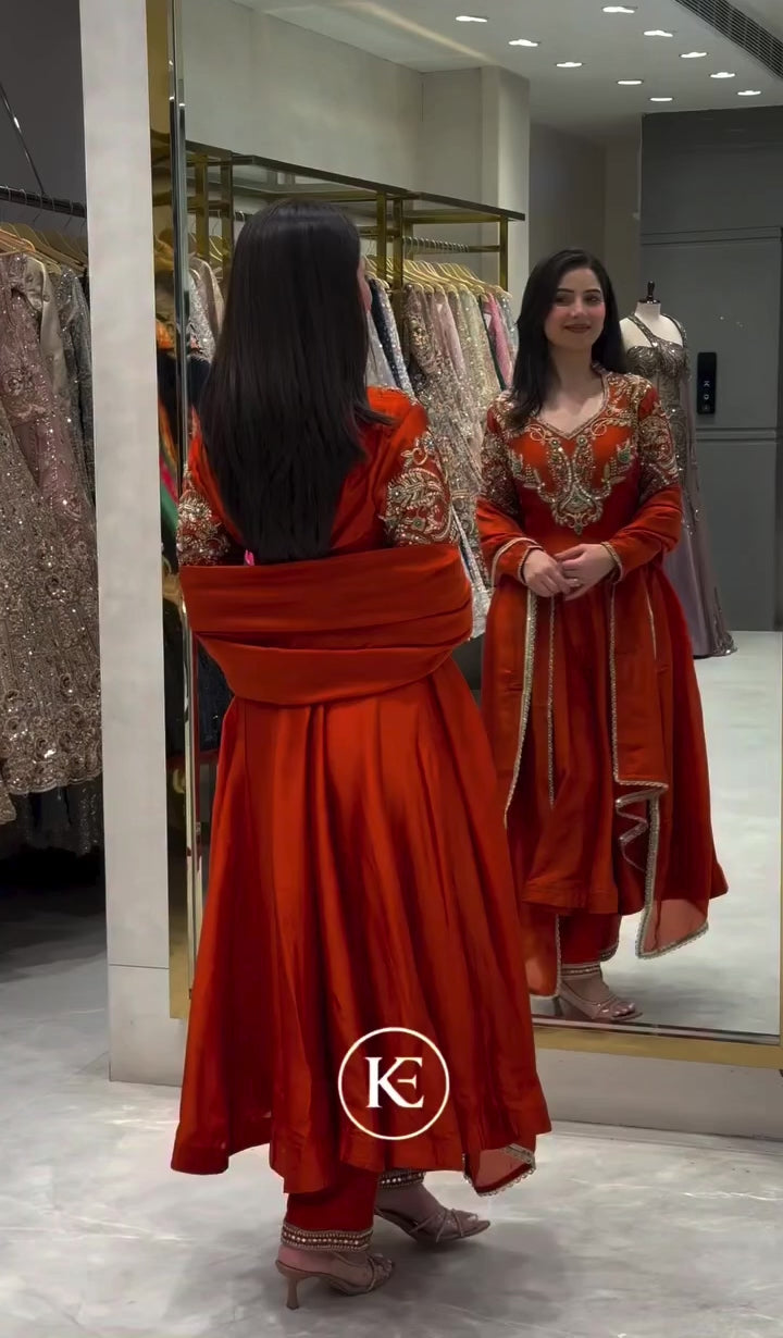 Rust Orange Roman Silk Anarkali Gown with Palazzo & Dupatta – Embroidered Party Wear Set