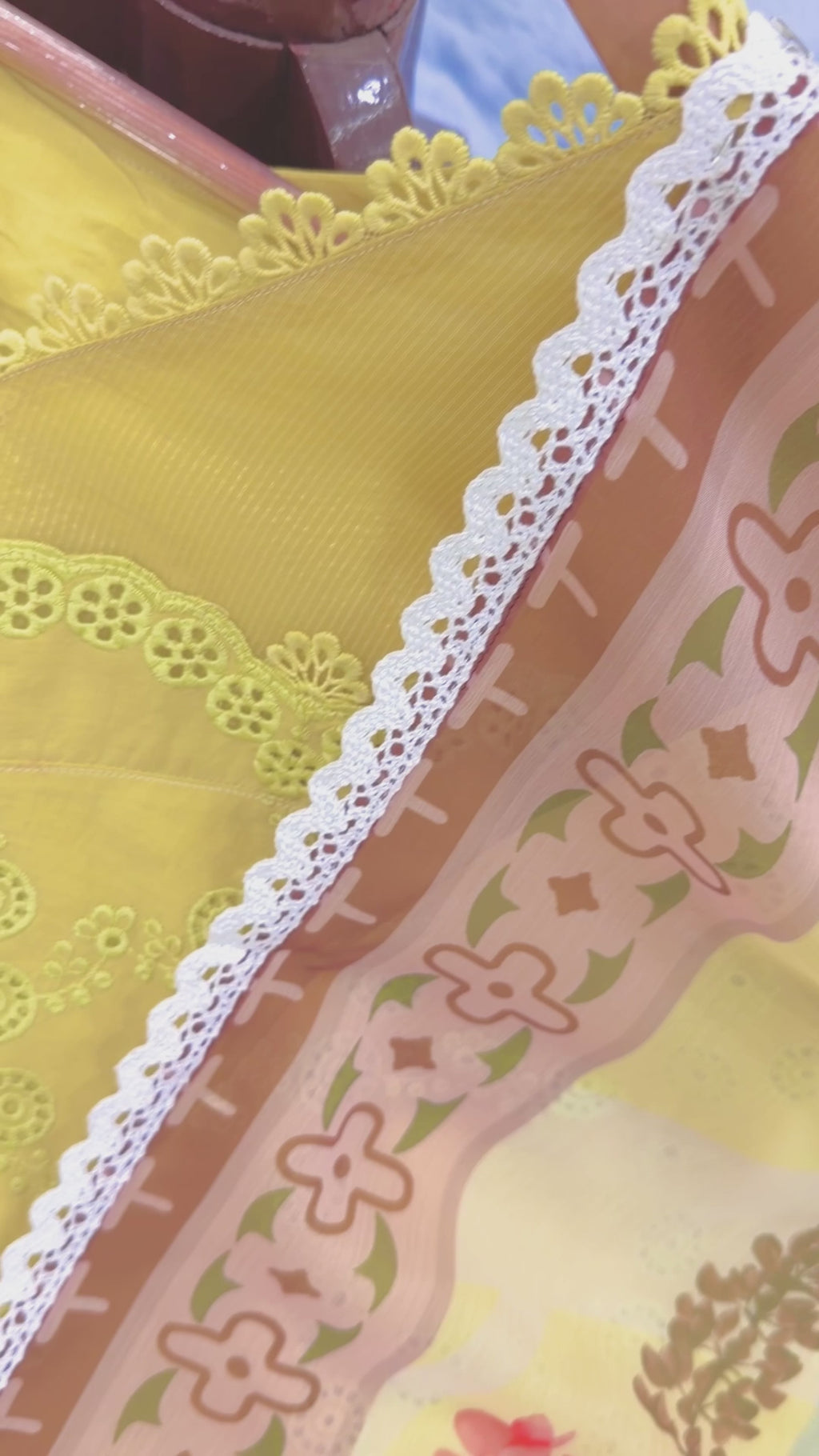 Lemon Yellow Cambric Cotton Eyelet Embroidered Kurta with Printed Palazzo & Dupatta Set