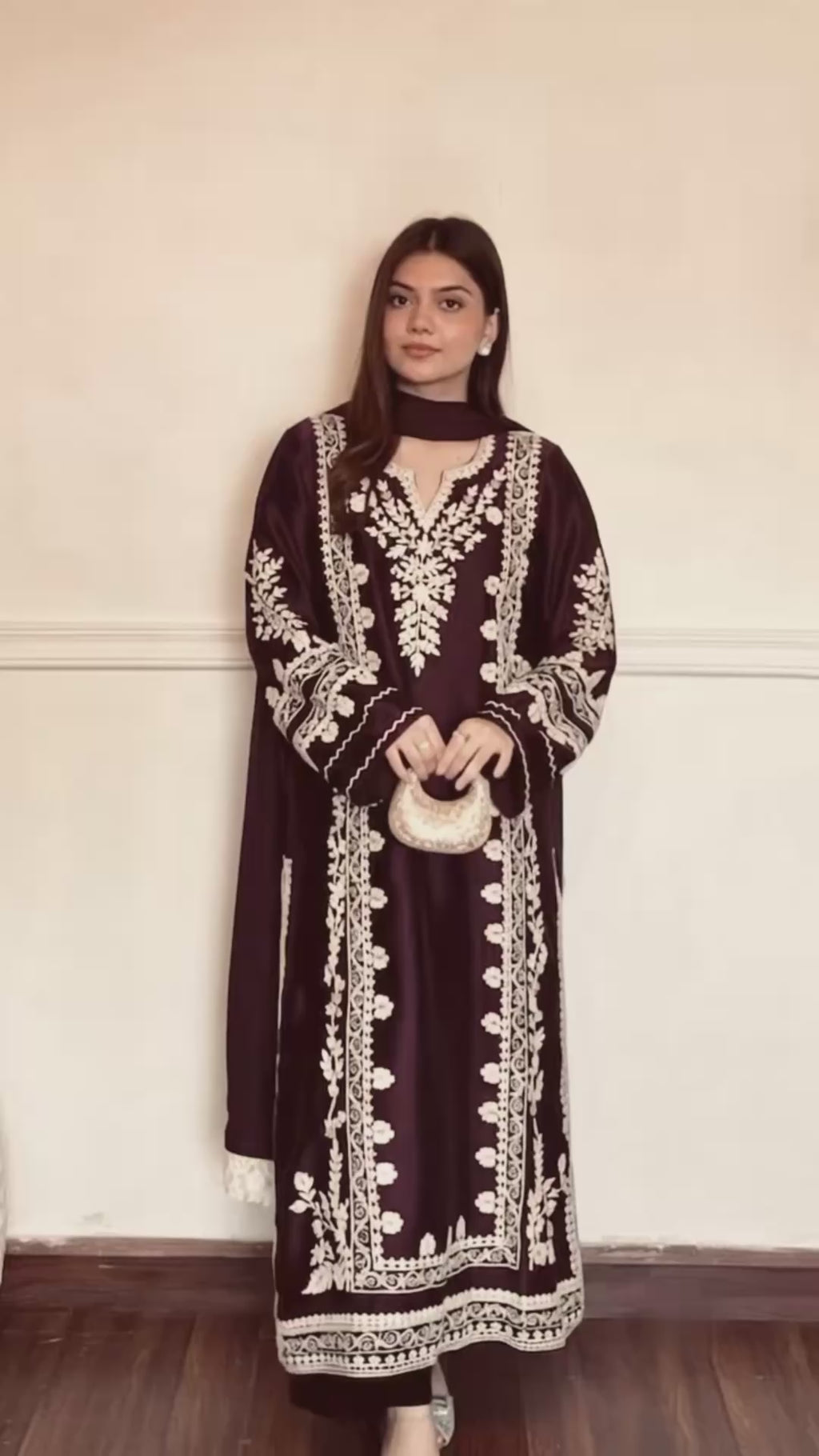 Plum Satin Rayon Embroidered Long Kaftan Kurta with Pant & Organza Dupatta Set