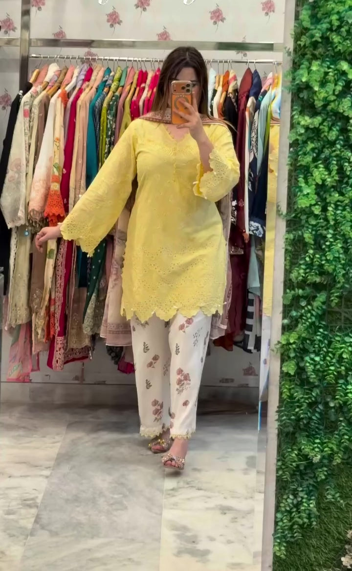 Lemon Yellow Cambric Cotton Eyelet Embroidered Kurta with Printed Palazzo & Dupatta Set