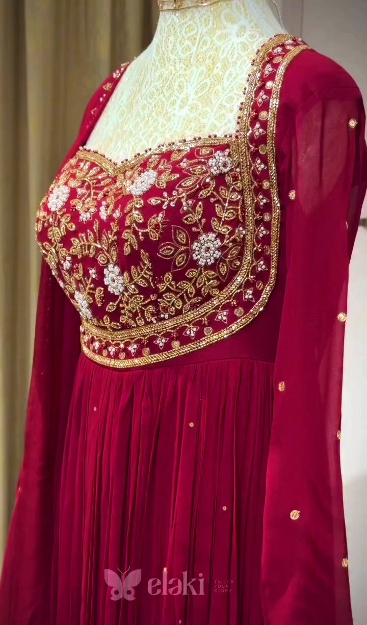 Maroon Rangoli Crush Embroidered Anarkali Gown with Pant & Dupatta – Party Wear Set