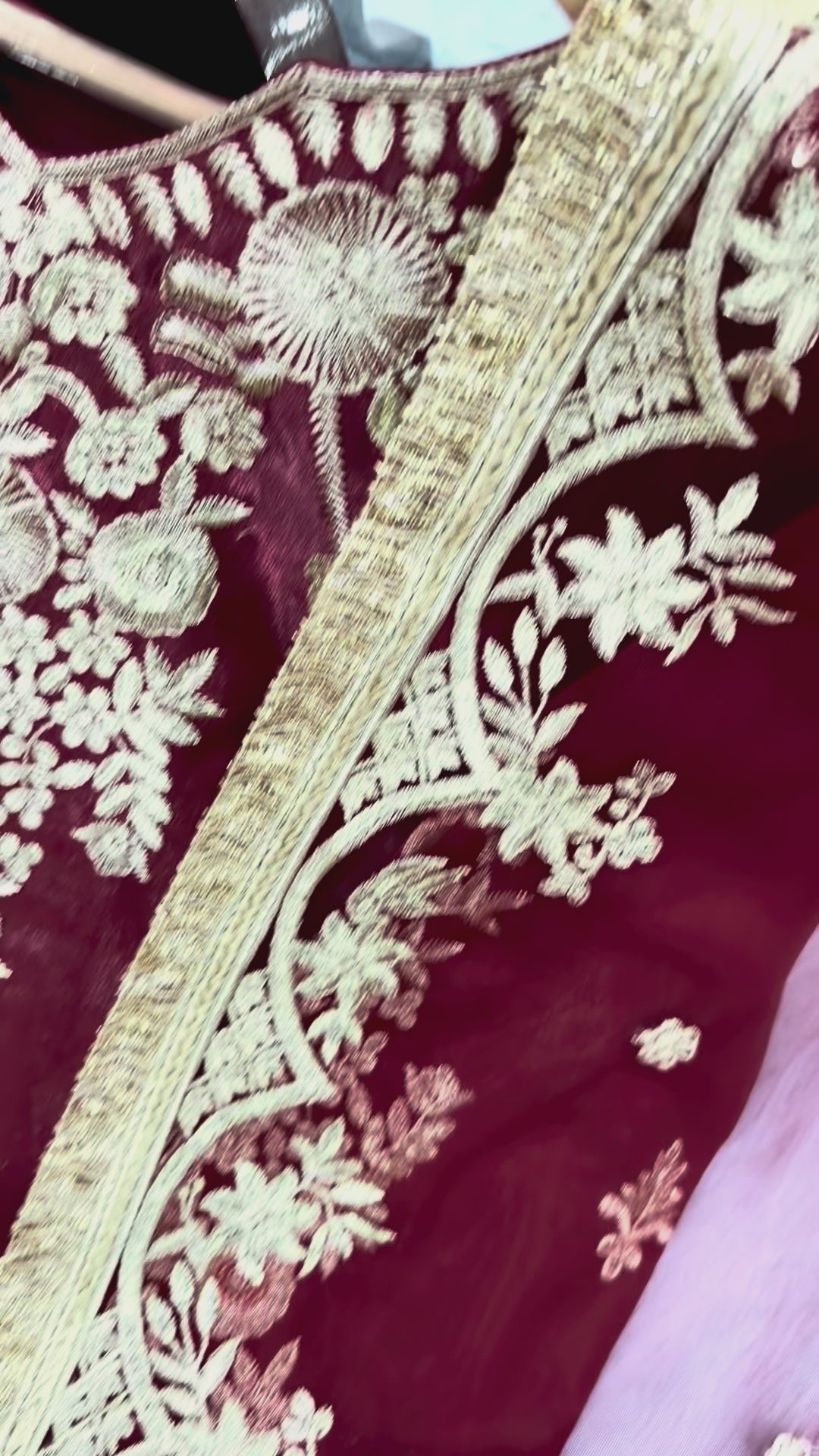 Wine Red Glass Satin Embroidered Kurta with Palazzo & Organza Dupatta – Party Wear Set