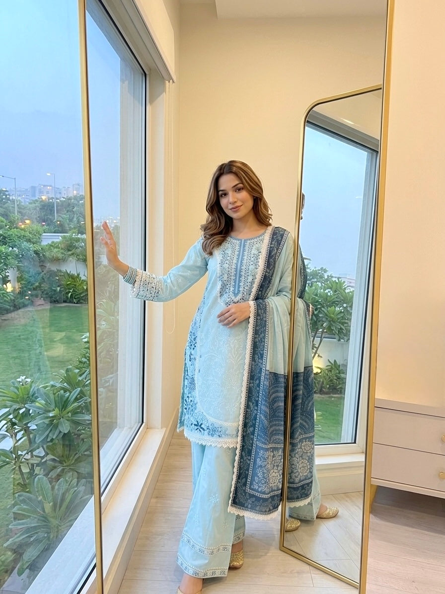 Embroidered Satin Rayon Kurta with Farshi Palazzo & Printed Dupatta Set – Party Wear
