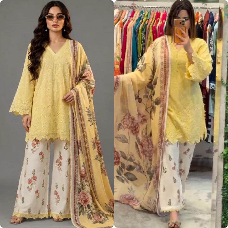 Lemon Yellow Cambric Cotton Eyelet Embroidered Kurta with Printed Palazzo & Dupatta Set