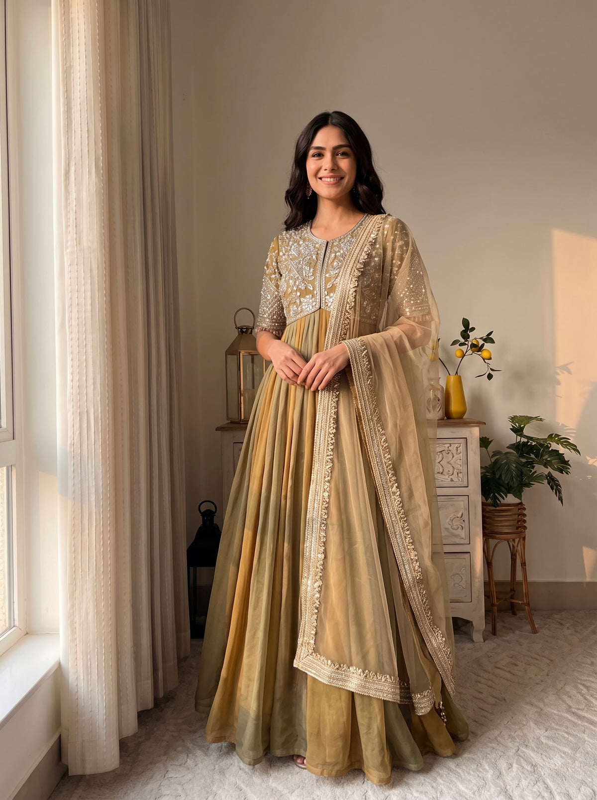 Embroidered Moss Silk Anarkali Gown Set with Dupatta & Bottom