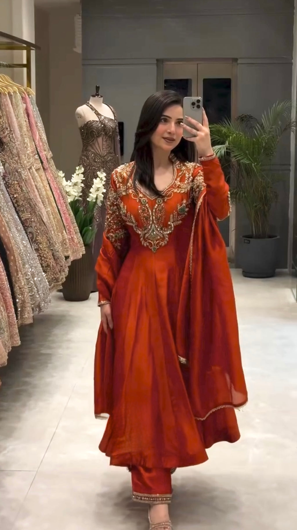 Rust Orange Roman Silk Anarkali Gown with Palazzo & Dupatta – Embroidered Party Wear Set