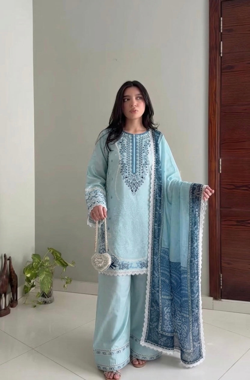 Embroidered Satin Rayon Kurta with Farshi Palazzo & Printed Dupatta Set – Party Wear