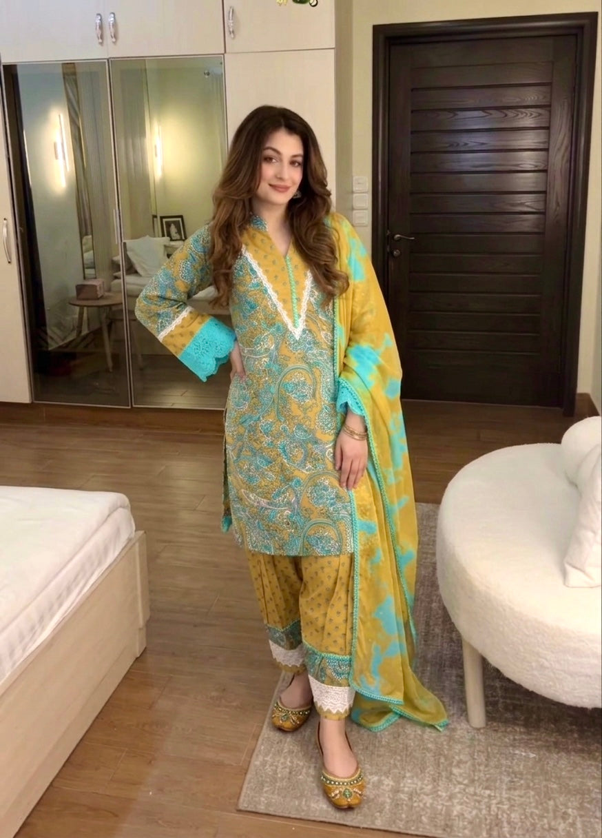 Printed Cambric Cotton Farshi Palazzo Set with Dupatta