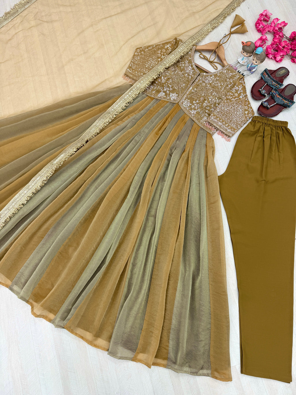 Embroidered Moss Silk Anarkali Gown Set with Dupatta & Bottom