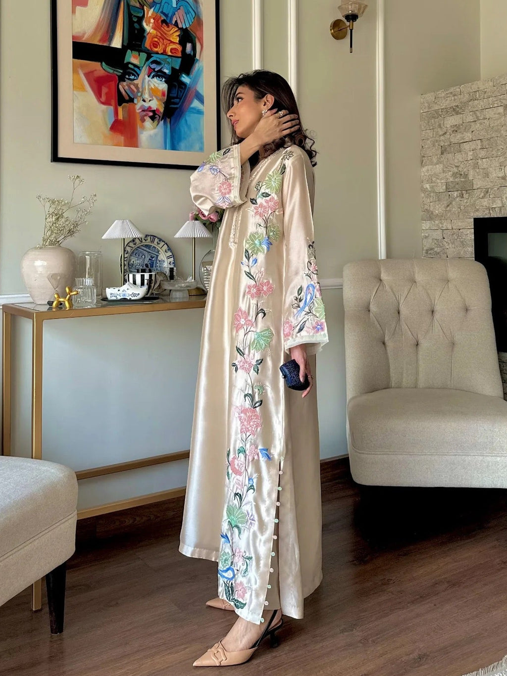 Embroidered Roman Glass Oversized Kaftan Set with Bottom & Dupatta