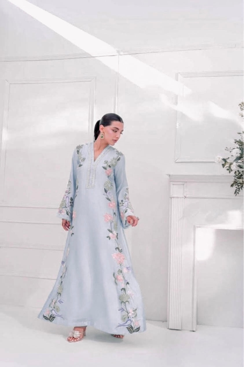 Embroidered Roman Glass Oversized Kaftan Set with Bottom & Dupatta