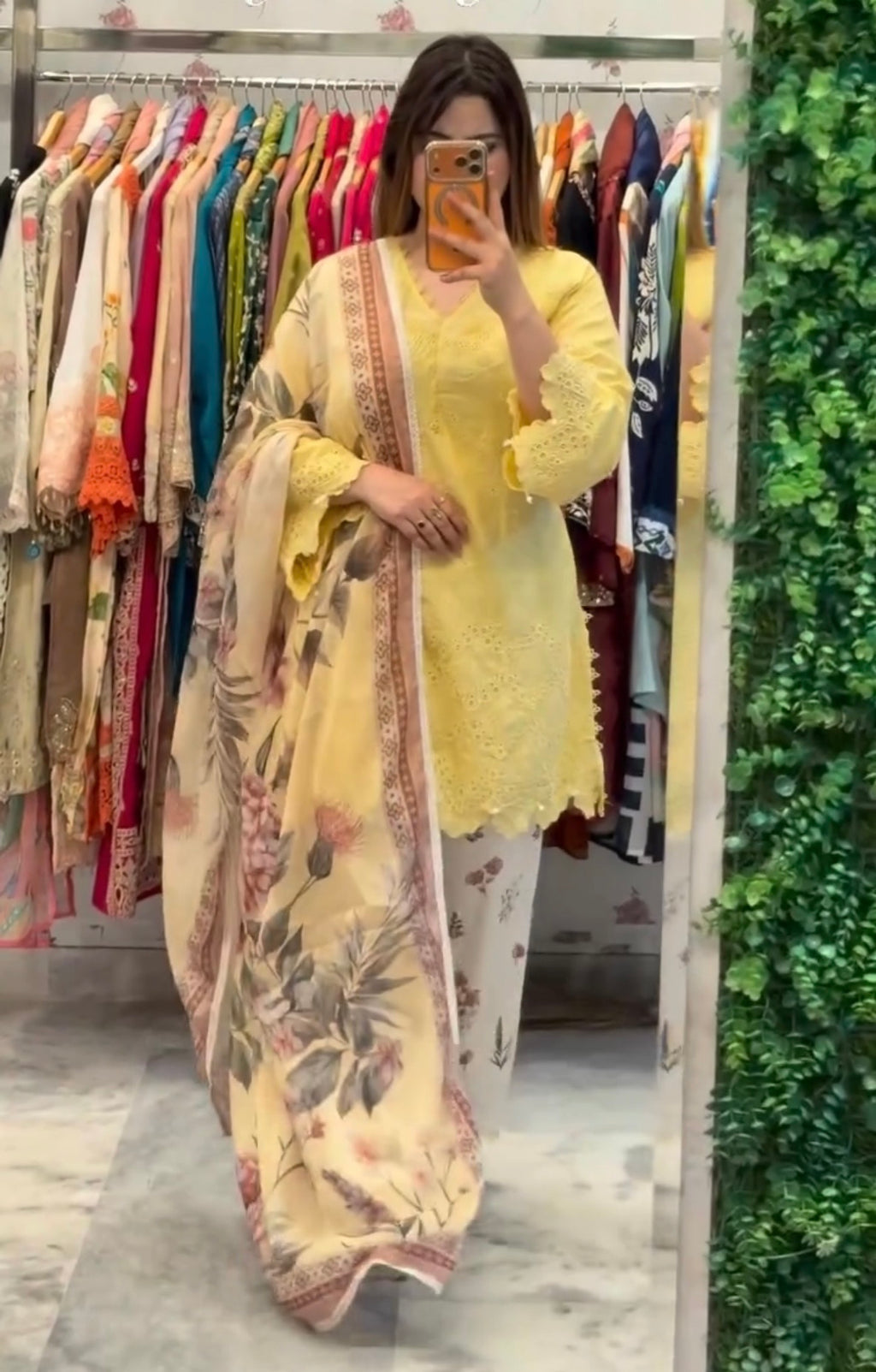 Lemon Yellow Cambric Cotton Eyelet Embroidered Kurta with Printed Palazzo & Dupatta Set