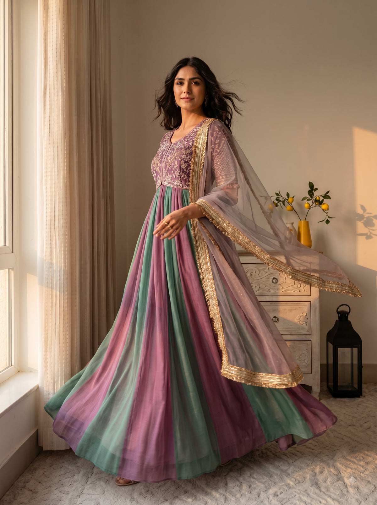 Embroidered Moss Silk Anarkali Gown Set with Dupatta & Bottom