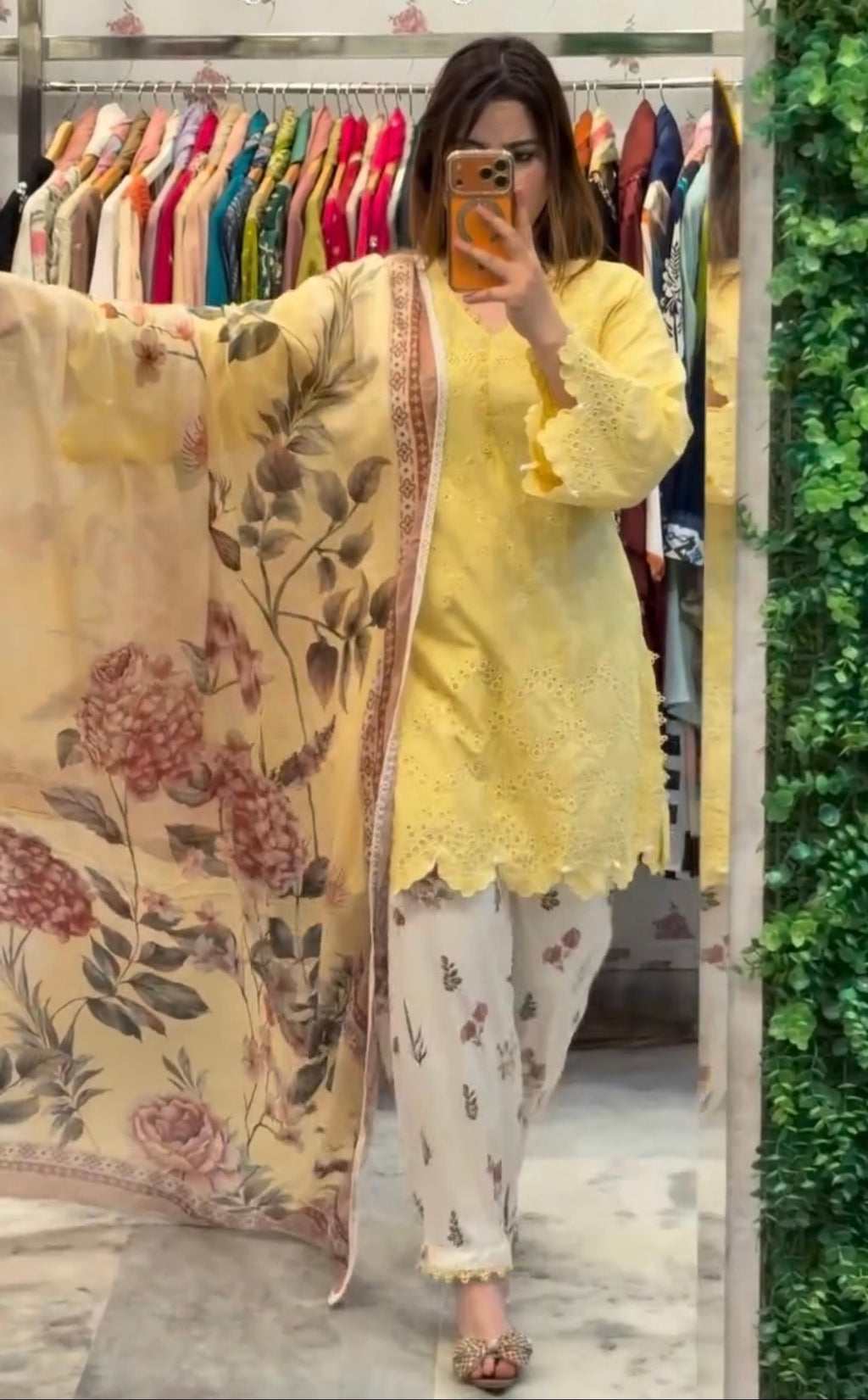 Lemon Yellow Cambric Cotton Eyelet Embroidered Kurta with Printed Palazzo & Dupatta Set