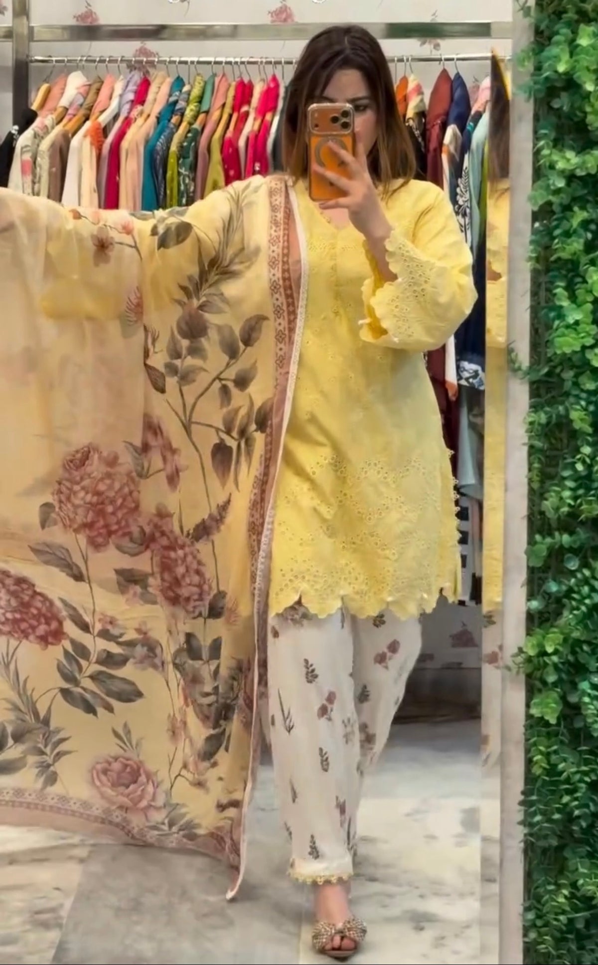 Lemon Yellow Cambric Cotton Eyelet Embroidered Kurta with Printed Palazzo & Dupatta Set