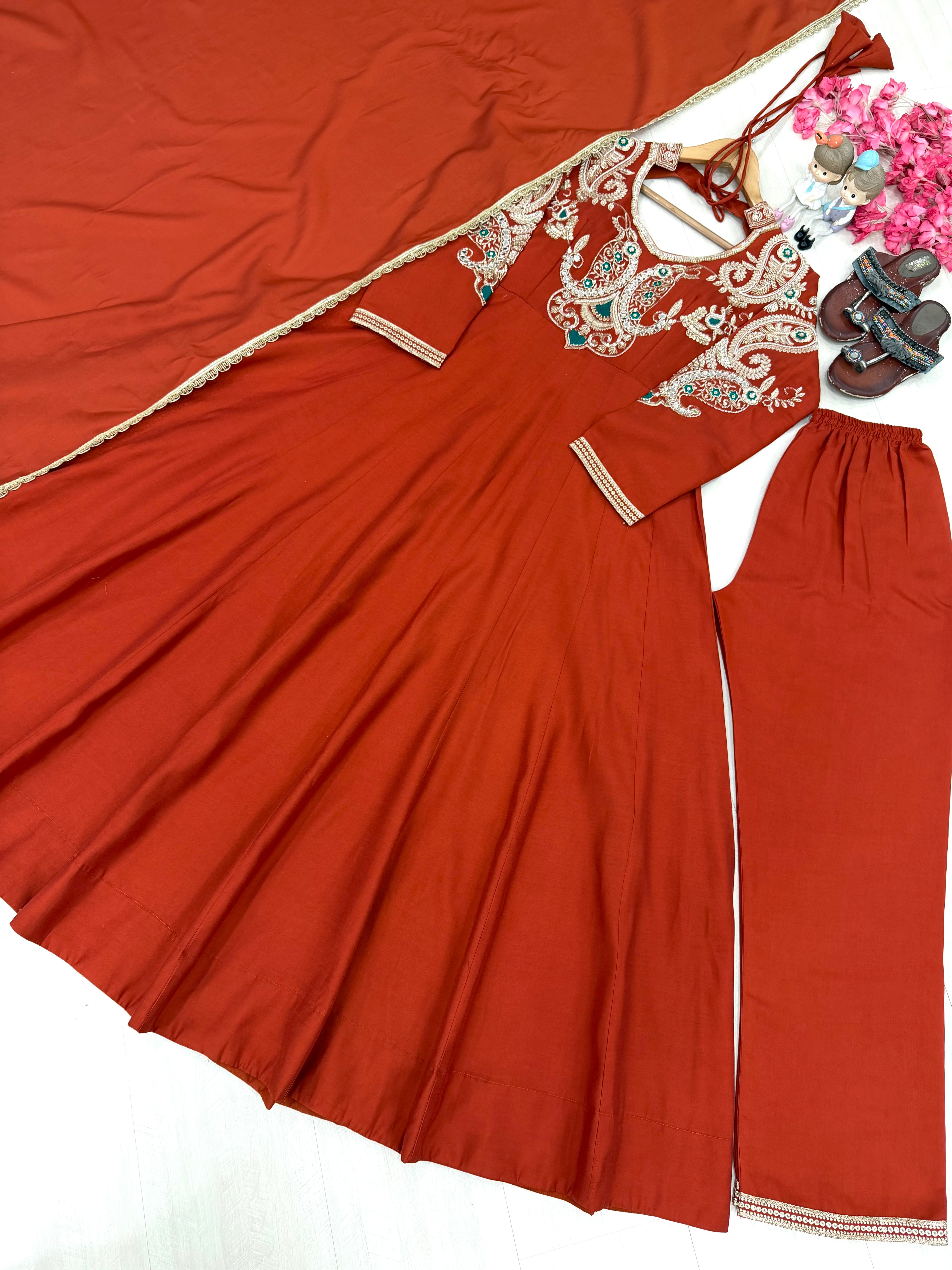 Rust Orange Roman Silk Anarkali Gown with Palazzo & Dupatta – Embroidered Party Wear Set