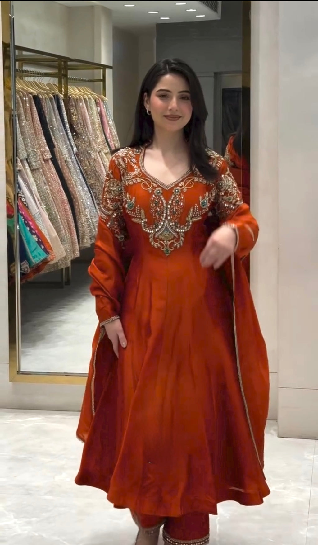 Rust Orange Roman Silk Anarkali Gown with Palazzo & Dupatta – Embroidered Party Wear Set