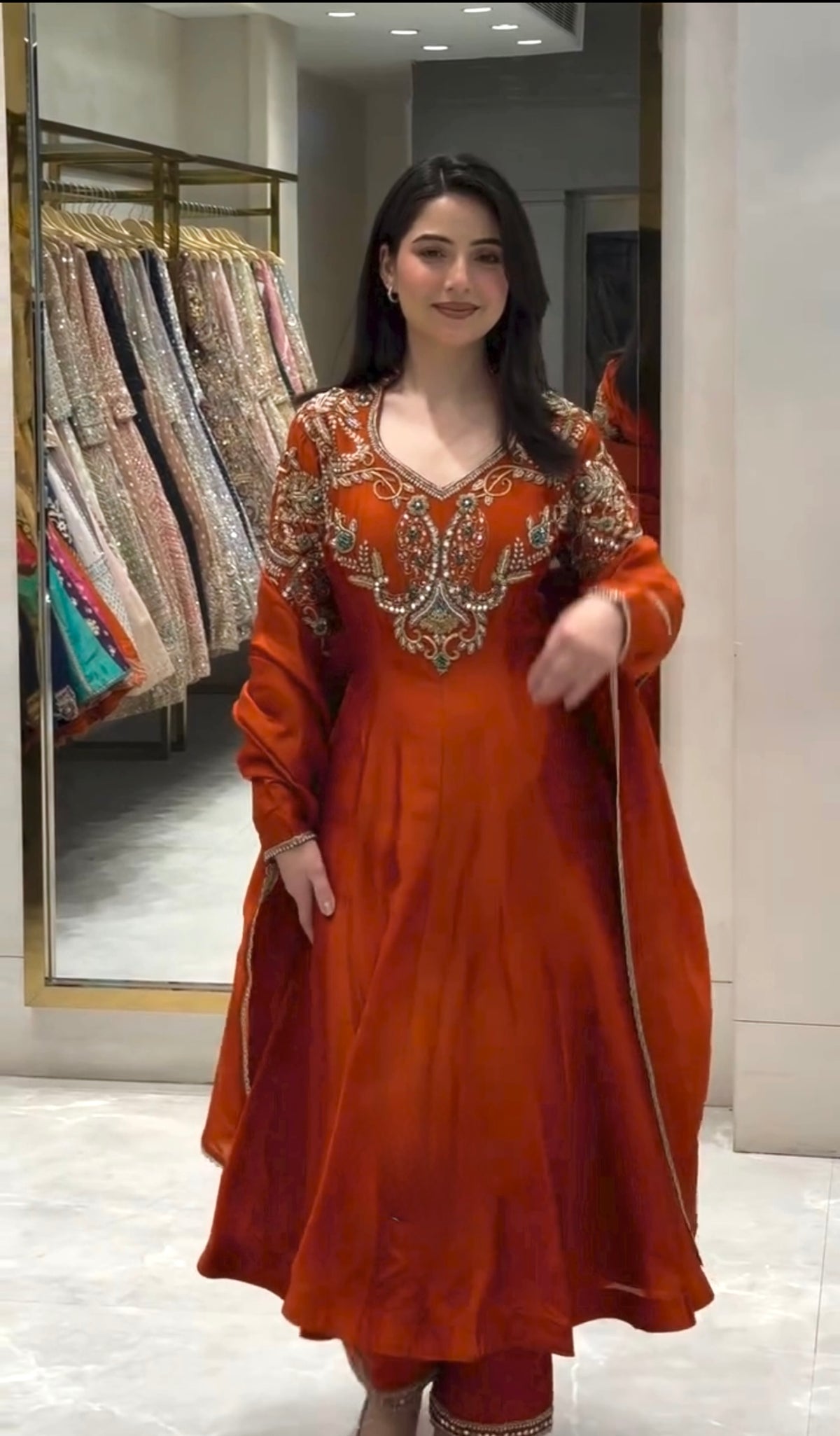 Rust Orange Roman Silk Anarkali Gown with Palazzo & Dupatta – Embroidered Party Wear Set