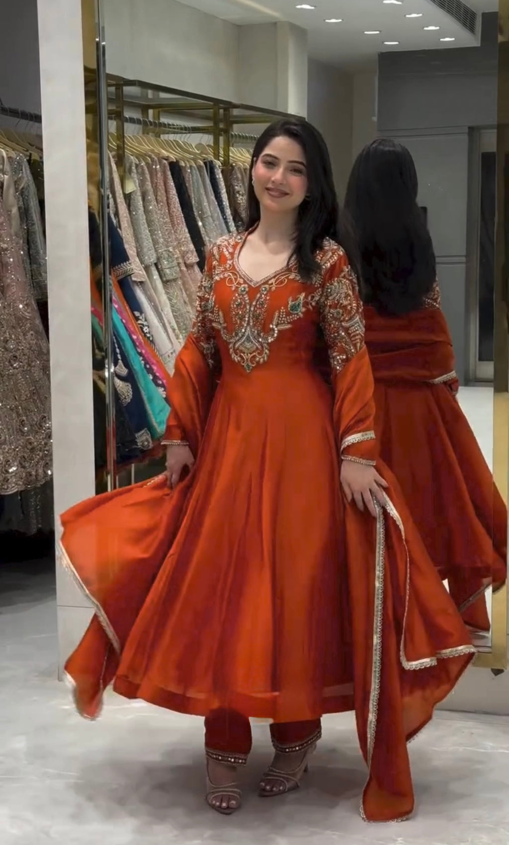 Rust Orange Roman Silk Anarkali Gown with Palazzo & Dupatta – Embroidered Party Wear Set