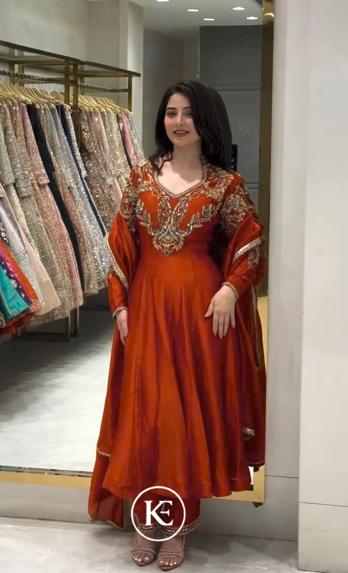 Rust Orange Roman Silk Anarkali Gown with Palazzo & Dupatta – Embroidered Party Wear Set