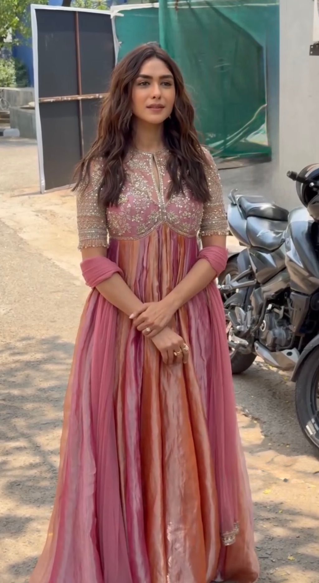 Embroidered Moss Silk Anarkali Gown Set with Dupatta & Bottom