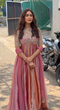 Embroidered Moss Silk Anarkali Gown Set with Dupatta & Bottom
