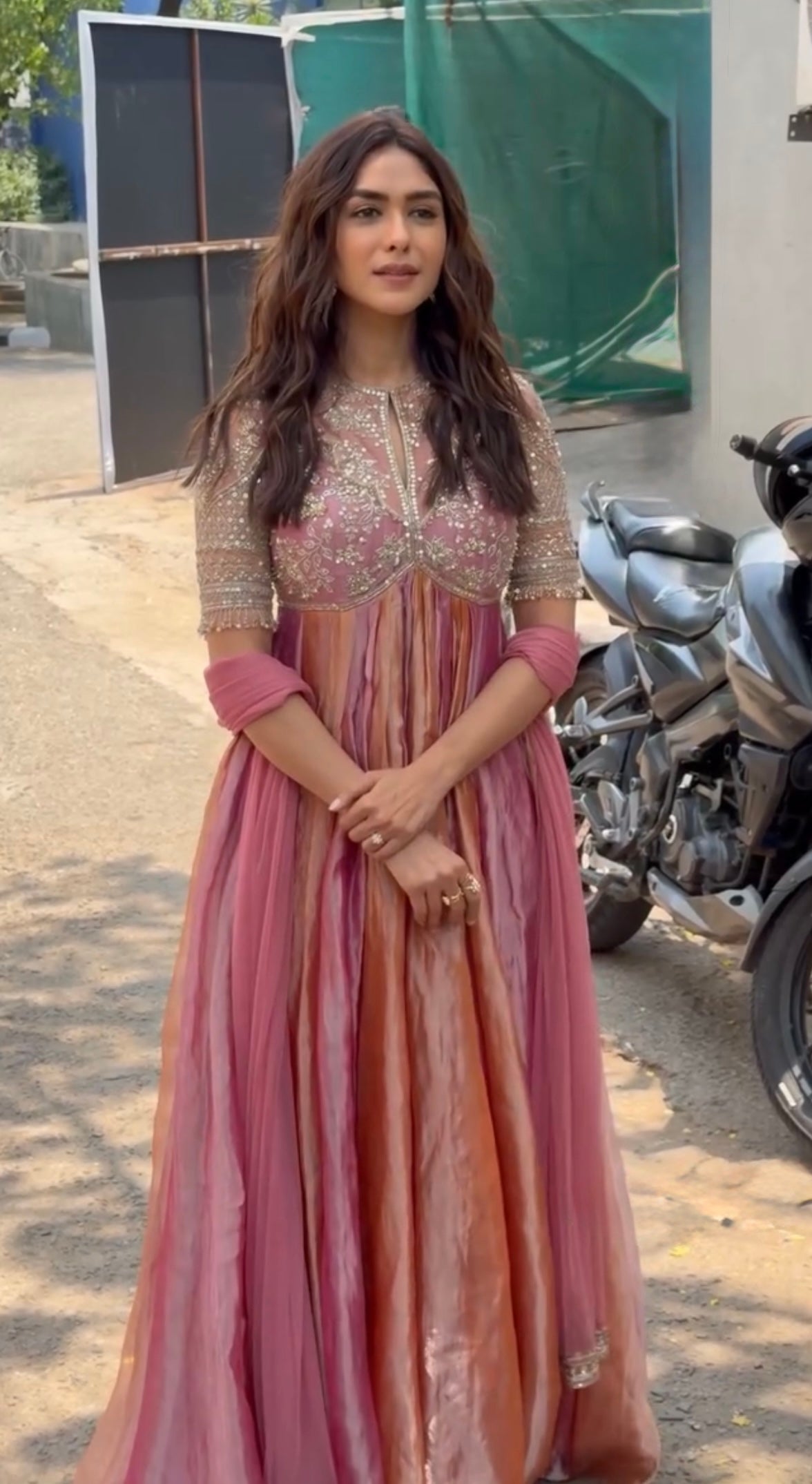 Embroidered Moss Silk Anarkali Gown Set with Dupatta & Bottom