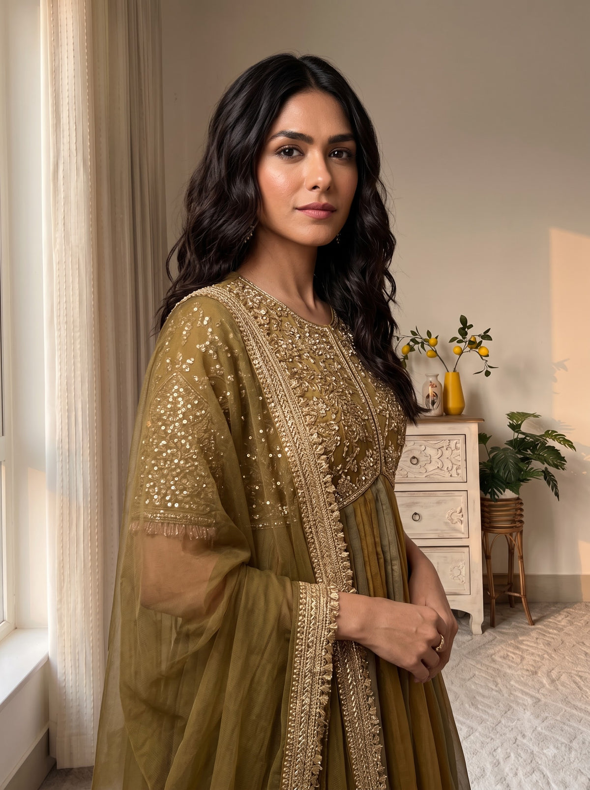 Embroidered Moss Silk Anarkali Gown Set with Dupatta & Bottom