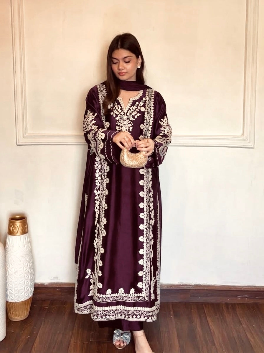 Plum Satin Rayon Embroidered Long Kaftan Kurta with Pant & Organza Dupatta Set