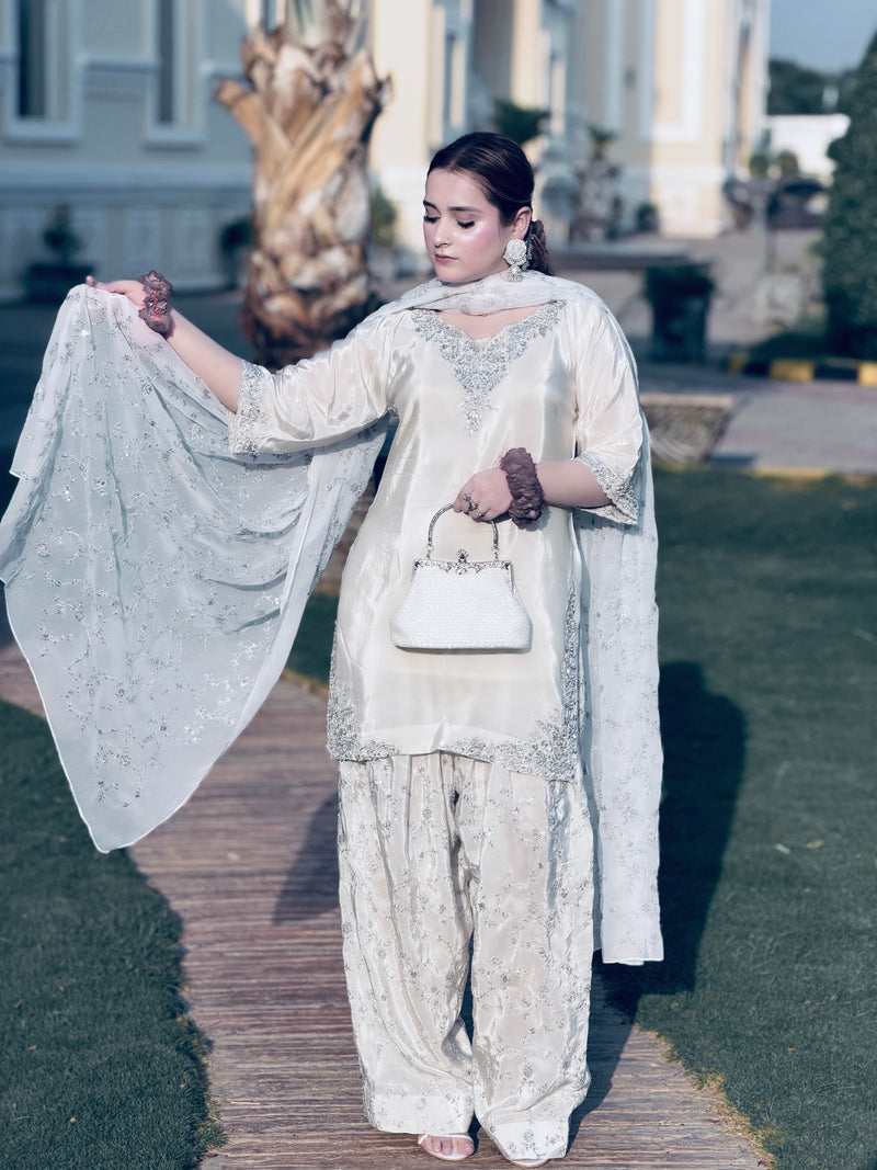 Embroidered Natural Crepe Farshi Palazzo Set with Dupatta