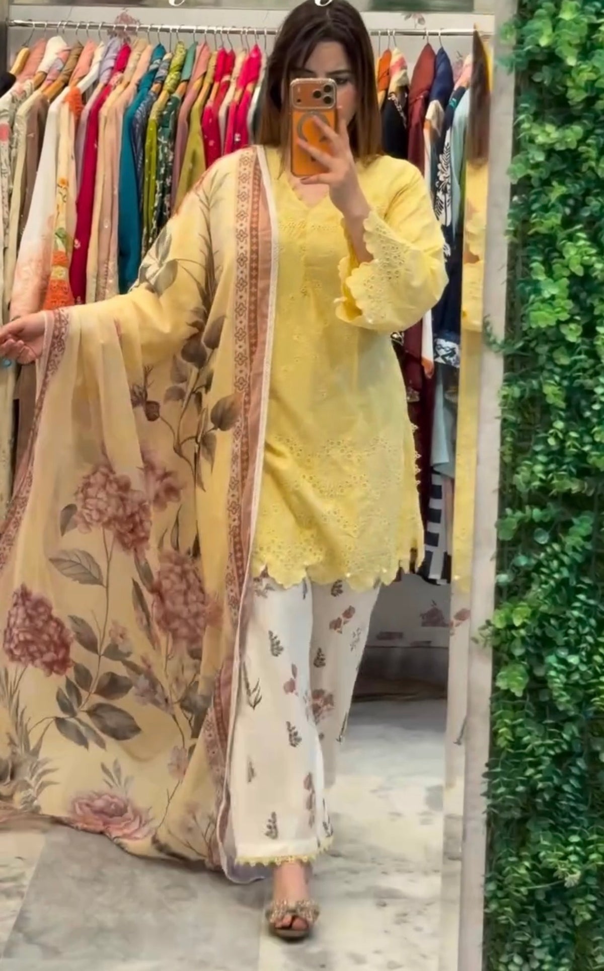 Lemon Yellow Cambric Cotton Eyelet Embroidered Kurta with Printed Palazzo & Dupatta Set
