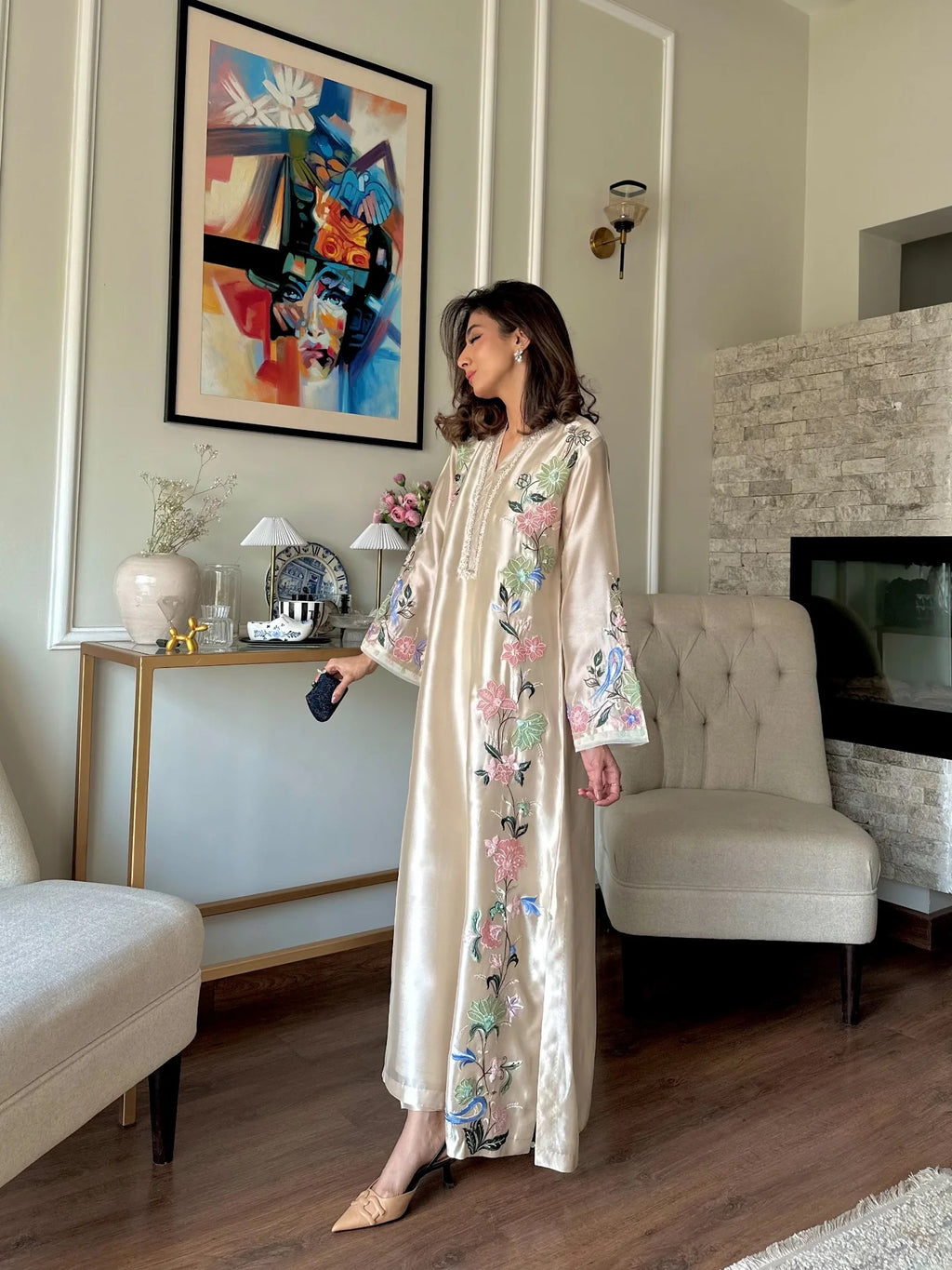 Embroidered Roman Glass Oversized Kaftan Set with Bottom & Dupatta