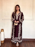 Plum Satin Rayon Embroidered Long Kaftan Kurta with Pant & Organza Dupatta Set