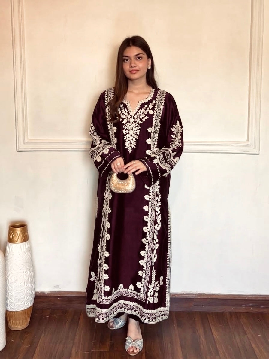 Plum Satin Rayon Embroidered Long Kaftan Kurta with Pant & Organza Dupatta Set