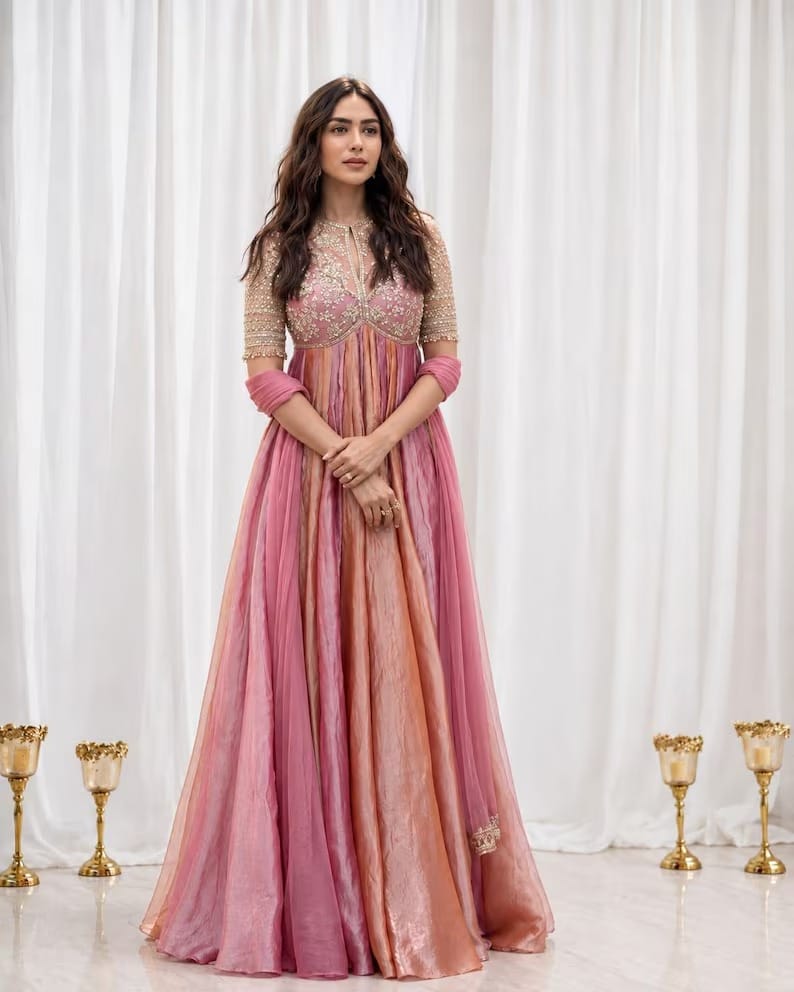 Embroidered Moss Silk Anarkali Gown Set with Dupatta & Bottom